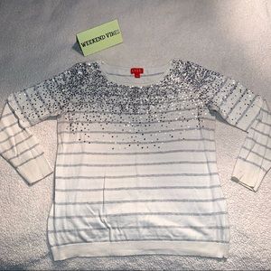 Elle | White Striped Sequin Sweater, Striped Holiday Sweater, Size L